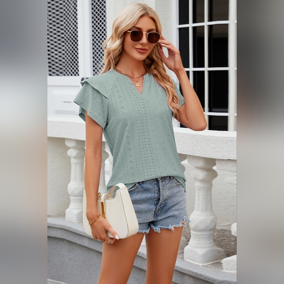 Eyelet Notched Short Sleeve T-Shirt - Picture 1 of 5